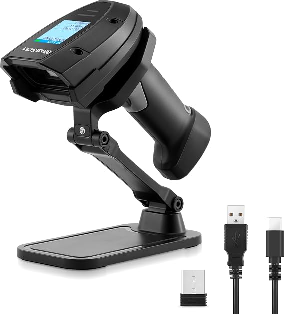 Barcode Scanner Wireless, 1D Laser Bar Code Scanners with Stand 2.4G Wireless & USB Wired Connection Plug and Play 2 in 1 Handheld Barcode Reader with Screen