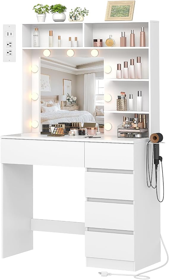 Vanity Desk with Mirror, LED Lights and Power Outlet, Makeup Vanity Table with 5 Drawers, 3 Color Modes & Adjustable Brightness, Dressing Table for Bedroom, White
