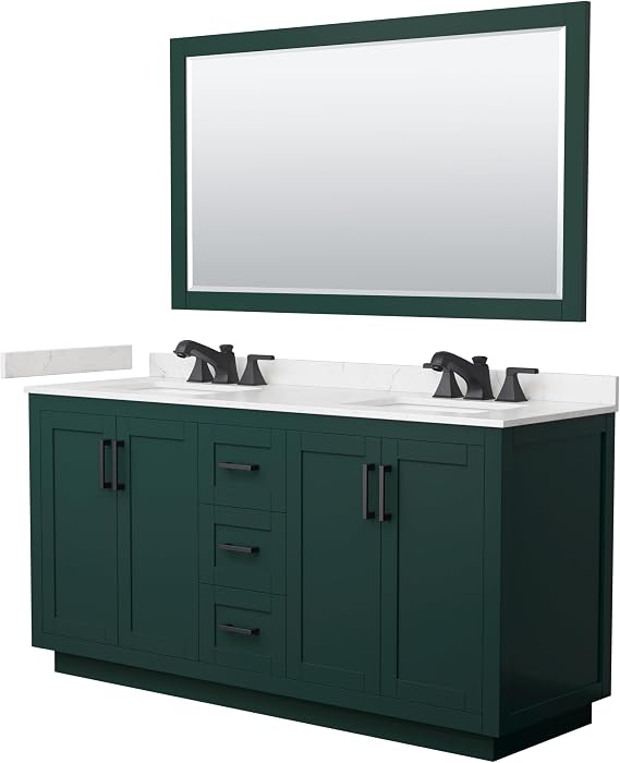 Wyndham Collection Miranda 66 Inch Double Bathroom Vanity in Green, Carrara Cultured Marble Countertop, Undermount Square Sinks (3-Hole), Matte Black Trim, 58 Inch Mirror