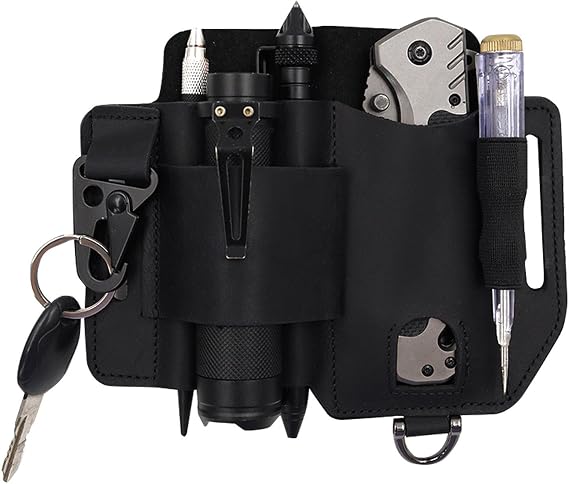 Generic Men Leather Multi-tool Organizer - Sheath with Pen Holder, Key Fob Flashlight Sheath, Leather Pouch Brown