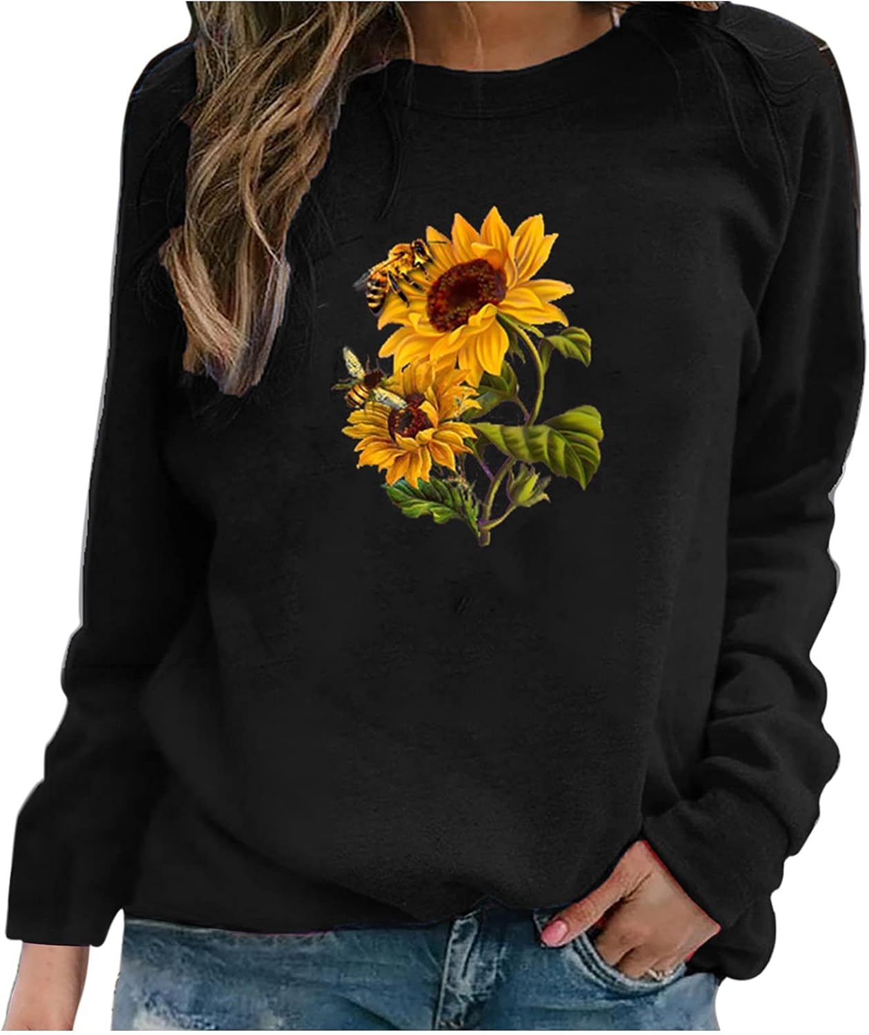 iQKA Women Long Sleeve Crew Neck Sweatshirt Sunflower Letter Print Graphic Shirt Lightweight Pullover Tops Fall Blouse