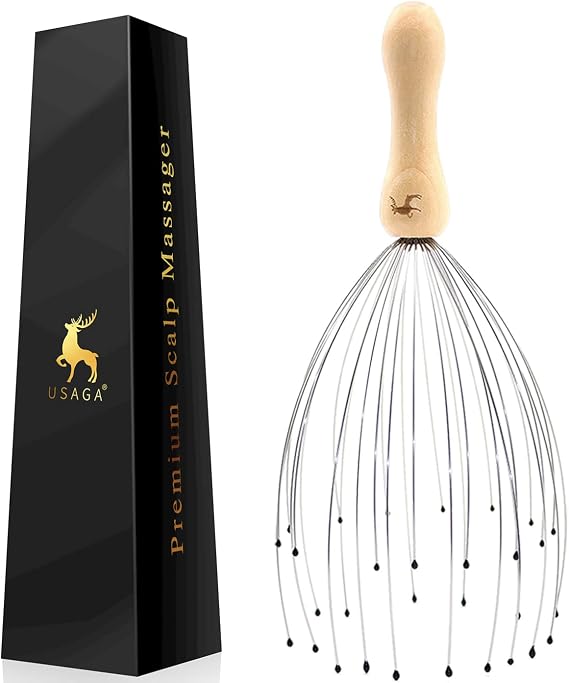 USAGA 32 Fingers Head Massager Head Scratcher Scalp Massager Wood Handle