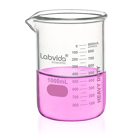 Heavy Duty Glass Beakers, Vol.1000ml, Thick-Walled, 3.3 Boro Griffin Low Form with Double Scale Printed Graduation for Laboratories, Industries, Schools and Home use, LVAC013