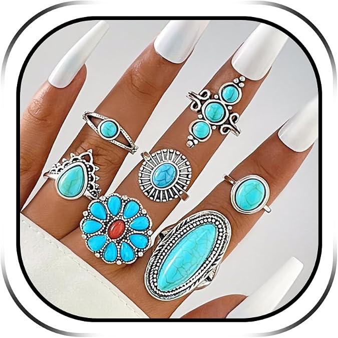 HUASAI Turquoise Ring Set for Women Western Jewelry Silver Statement Vintage Rings Stackable Knuckle Thumb Boho Jewelry for Western Outfit Holiday Gift