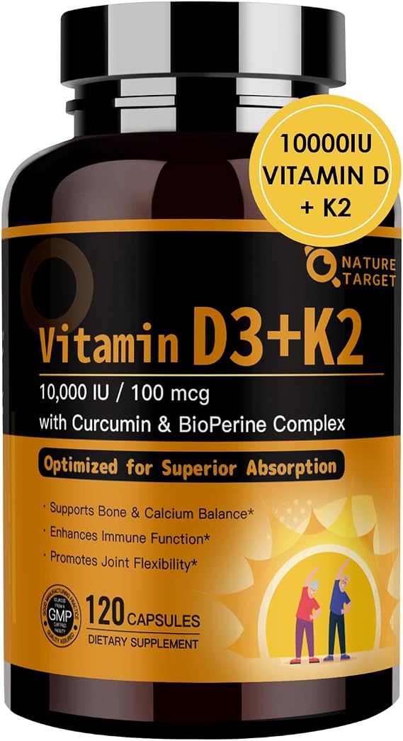 NATURE TARGET Vitamin D3 K2, 10,000 IU D3 & 100 mcg K2, 120 Capsules | High-Potency D3 and K2 as MK-7 with MCT Powder for Max Absorption, Supports Bone, Calcium, Immune, and Heart Health