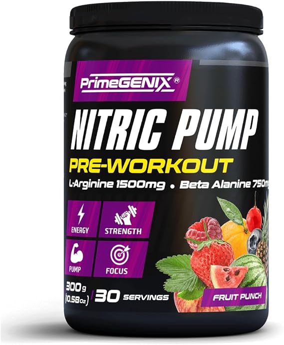 PrimeGENIX Nitric Pump Pre Workout Powder for Men & Women 30 Servings Fruit Punch, No Bloating Formula with Dicreatine Malate, Arginine AKG, Beta-Alanine & B-Vitamins for Energy, Strength & Focus