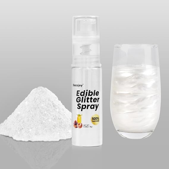 Shimmer White Edible Glitter Spray, 8g Food Grade, Luster Dust for Cake Decorating, Cupcake, Baking, Chocolate, Strawberry, Cookies, Party Holiday Birthday Supplies