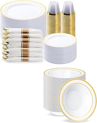 BESTVIP Gold Plastic Dinnerware Set, Disposable Party Plates for 50 Guests, Include: 100 Plastic Plates, 100 Bowls, 50 Pre Rolled Napkins with Gold Silverware, 50 Cups