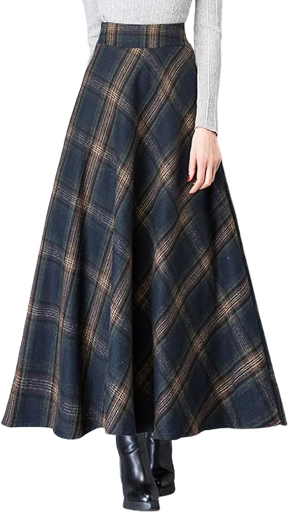 BININBOX Women's Wool Maxi Skirt A-Line Thick Vintage Plaid Pleated Skirt Autumn Winter Warm Elastic Waist Long Skirts