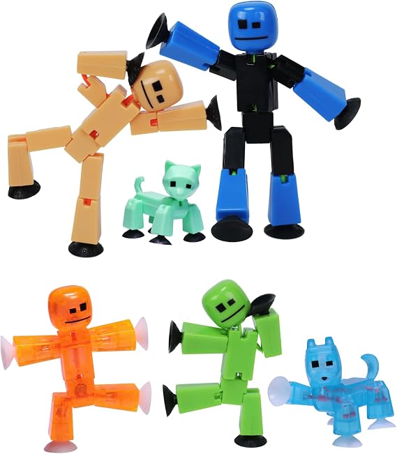 Zing Stikbot Family Pack, Set of 6 Stikbot Collectable Action Figures, Includes 2 Stikbots, 2 Junior Stikbots, 1 Dog, and 1 Cat, Stop Motion Animation - in Eco-Friendly Packaging, Age 4+