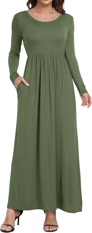 HAOMEILI Women's Long Sleeve Loose Plain Long Maxi Casual Dresses with Pockets L Army Green