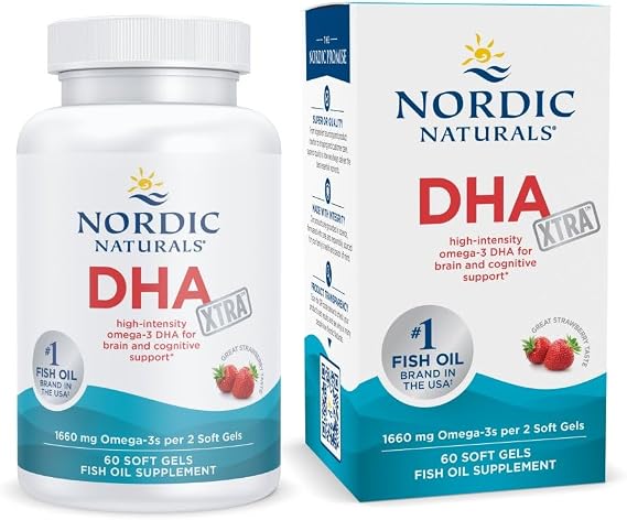 Nordic Naturals DHA Xtra, Strawberry - 60 Soft Gels - 1660 mg Omega-3 - High-Intensity DHA Formula for Brain & Nervous System Support - Non-GMO - 30 Servings | 1660mg Omega-3 per serving (2x potency). Supports brain & nervous system health. Non-GMO. Strawberry flavor. 30 servings.