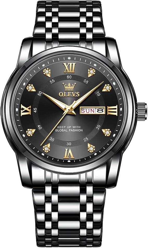 OLEVS Men's Watch Luxury Business Dress Watch UK Diamond Design Quartz Stainless Steel Waterproof Luminous Week Calendar Gift