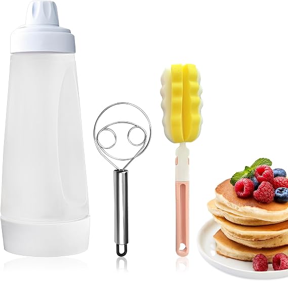 Pancake Batter Dispenser Bottle, Pancake Dispenser with Cleaning Brush and Hand Whisk Easy Squeeze Batter Mixer Bottle for Cupcake Pancakes Waffle Crepe