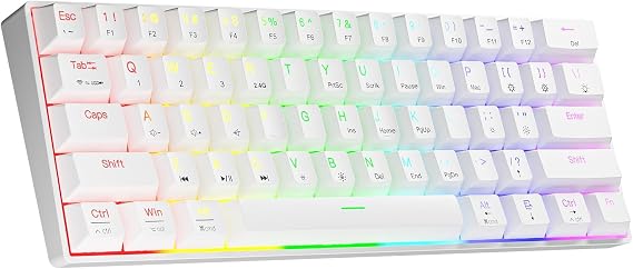 Newmen GM610 60 Percent Keyboard Wireless Mechanical Gaming Keyboard Bluetooth NKRO with Extra Keycap Set RGB Backlight Mechanical Keyboard (White Keycap - Red Switch)