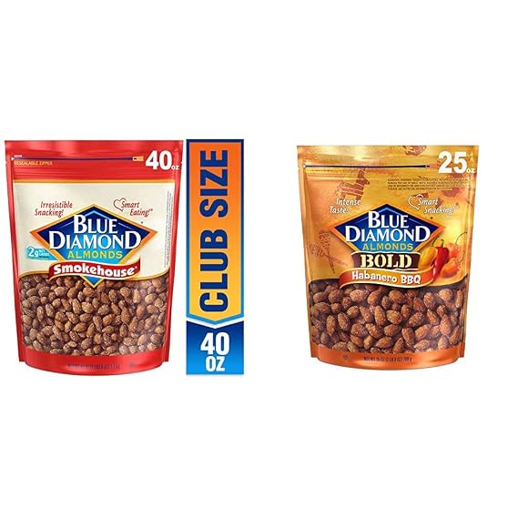 Blue Diamond Almonds, Flavored Snack Nuts Bundle, Smokehouse 40 Ounce and Habanero BBQ 25 Ounce, 2 Items