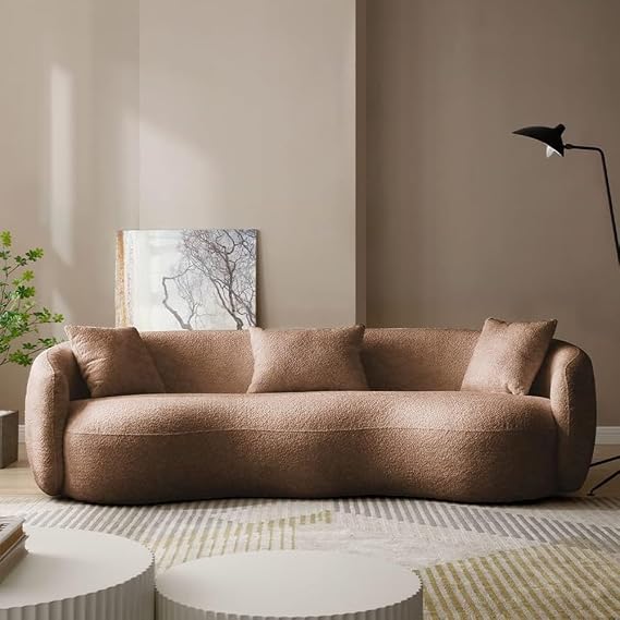 Curved Couch, 93.6" 4-Seater Modern Boucle Sectional Sofa, Comfy Cloud Upholstered 4 Seat Leisure Cushion Sofa with Pillows for Living Room, Bedroom, Office, Apartment, Brown