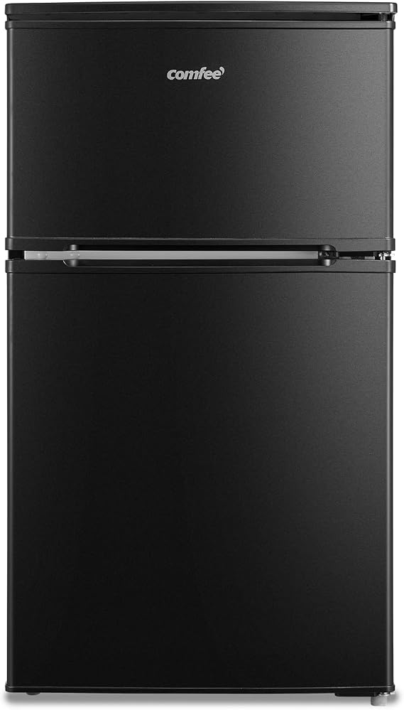 COMFEE' Refrigerator, 90L, Width 18.8 inches 47.8 cm, 2 Doors, Right Opening, Compact, Heat Resistant Top, Slim, Small, For 1 Person, Black RCT90BLE