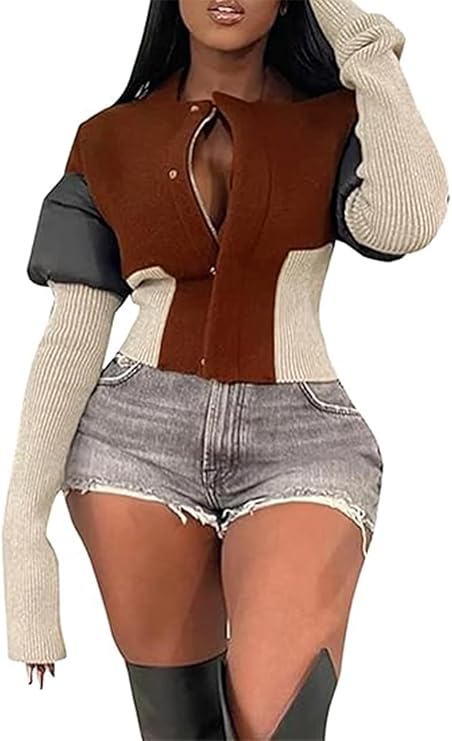 Ecirod Wool Coats for Women Padded Bubble Patchwork Knit Long Sleeve Zip Up Snap Flannel Jacket