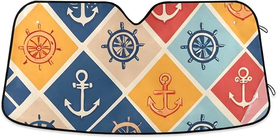 Shade Windshield Sun Shade,Foldable Universal Car Windshield Upgrade Sunshade Enhanced UV Rays Reflective Sun Visor Shade Keeps Vehicle Cool-Colorful Grid Anchor Rudder Pattern