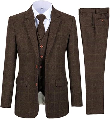 Vintage Classic Wool Blend Mens Plaid Checked Tweed Slim Fit Party Wedding Tuxedo 3 Piece Suits