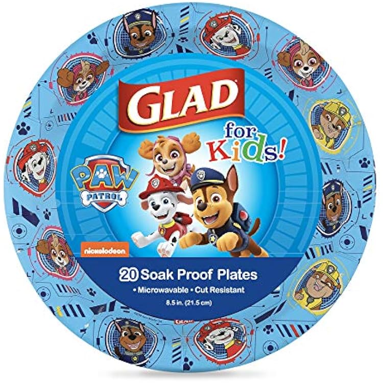 Glad for Kids Paw Patrol Disposable Paper Plates, Heavy Duty Soak Proof Microwavable Kids Plates for Parties, Birthdays, and Everyday Meals, Core Pups Blue, 8.5 Inch, 20 Count