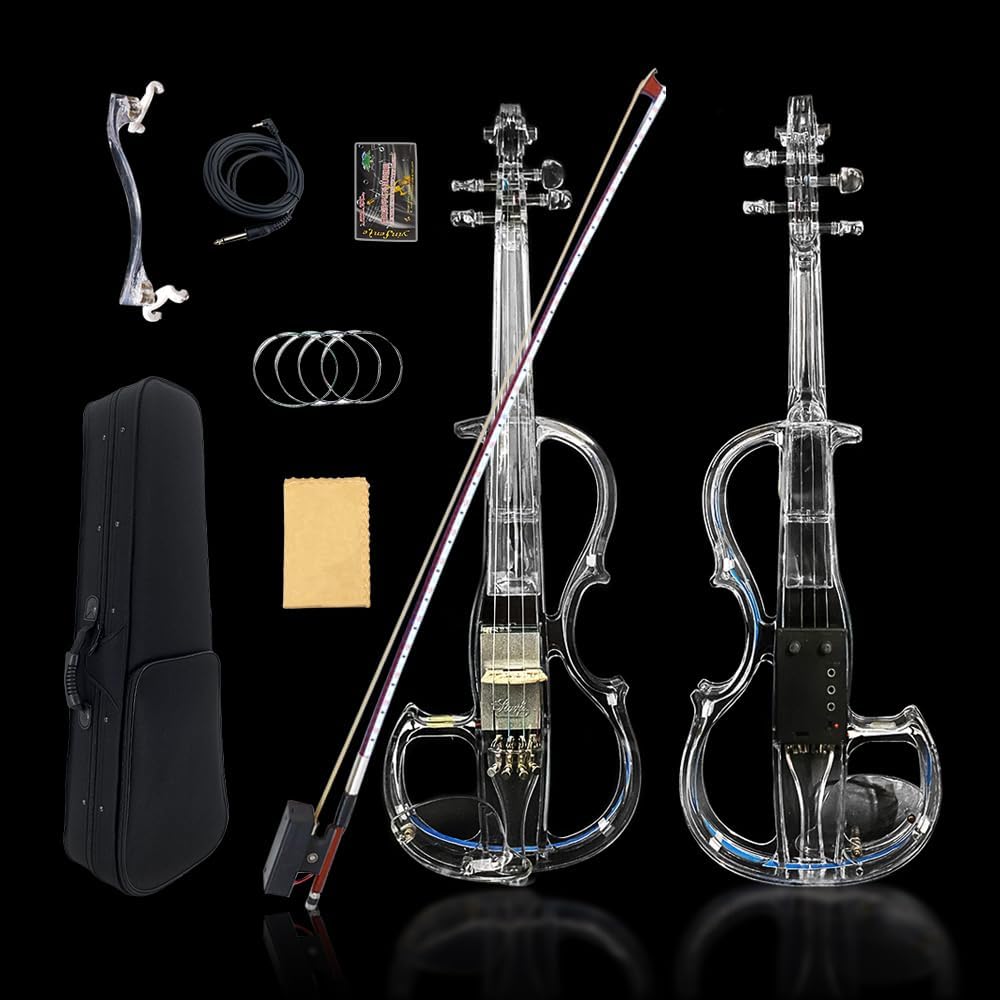 Electric Violin 44 Size Clear Acrylic Crystal Body 3 Colors LED Light Nice Tone Case, Bow #EV8