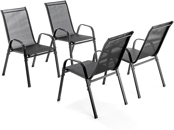 BIRCHTREE Garden Chairs Set of 4, Stackable Garden Furniture, Deck Chair, Weather-Resistant, Black Chairs for Outdoor Seating
