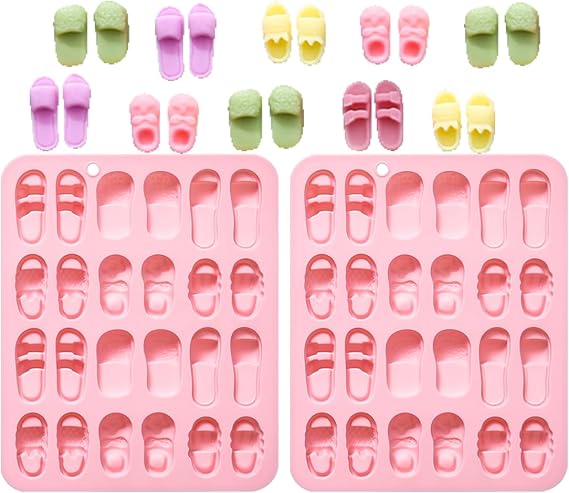 Slippers Shape Candy and Chocolate Silicone Molds Set, 24 Cavity, Non Stick Mold for Gummy, Cupcake Topper, Snack, Biscuit, Handmade Diy, 2 Count, Pink