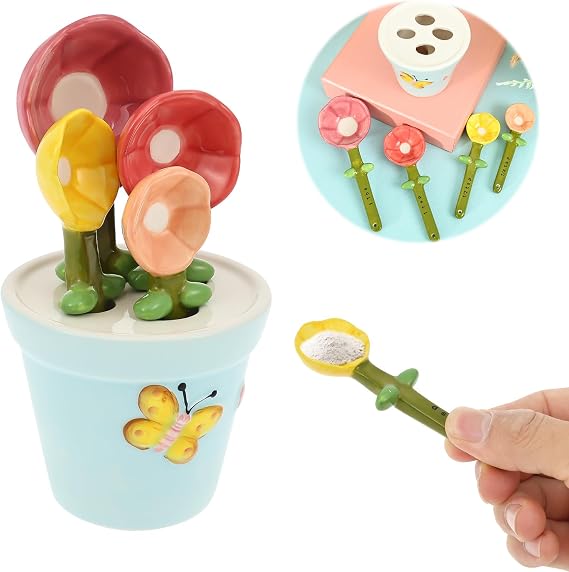 4Pcs Ceramic Measuring Spoon and Cup Flower Shape Baking Scale Spoon with Base Floral Embossed Stoneware Spoons(1 Tbsp, 1 TSP, ½ TSP, ¼ TSP) for Dry and Liquid Ingredient
