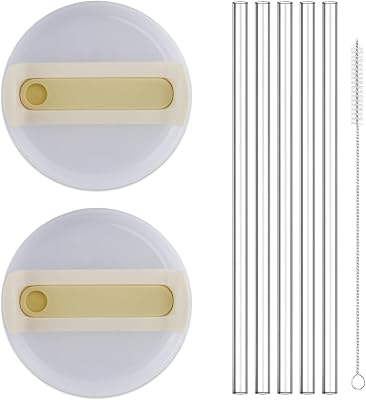 2 pcs 40 oz Tumbler Lid Replacement Compatiable with Stanley Cup, Come with 5 Pcs Reusable Long Straws & A Straw Cleaning Brush as 40oz Tumbler Accossories Kit Beige