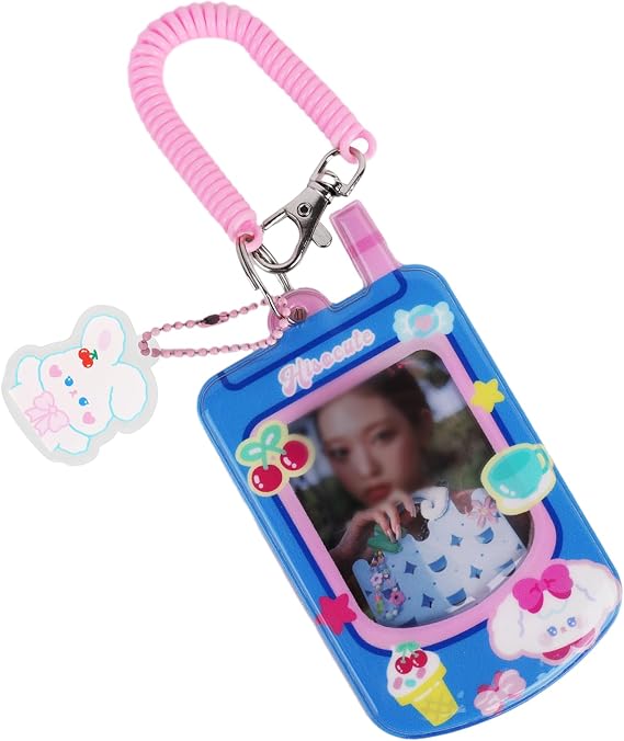 Kpop Photocard Holder with Keychain Cute Pendant 3 inch Idol Album Photo Card Sleeves ID Bus Bank Credit Card Protector for Student Kpop Fan (Blue)