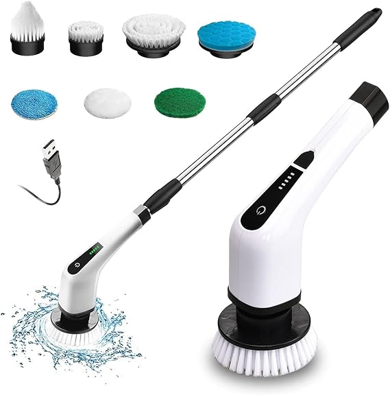 Electric Spin Scrubber, Cordless Cleaning Brush with 7 Replaceable Brush Heads, Tub and Floor Tile 360 Rotating Power Scrubber Mop with Adjustable Handle for Bathroom Kitchen Car