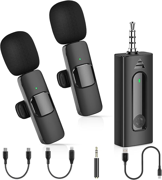 MAYBESTA 4 in1 Wireless Lavalier Microphone for iPhone Android Phone - Mini Lapel Video Mic for PC Camera Recording - Bluetooth Clip on Microphones for YouTube Tiktok Podcast Vlogging Streaming