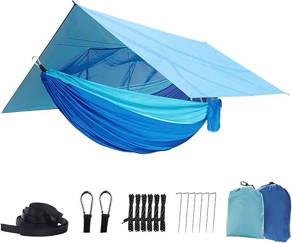 Camping Hammock with Net,Tree Straps and Removable Rain Fly Tarp,Lightweight Double Hammock,Portable Hammock Rainfly Set for Outdoor Hiking Backpacking,Travel (Blue)