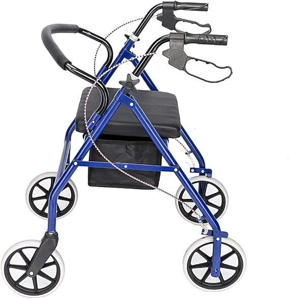 Folding Four Wheel Rollator, Lightweight Mobility Walker with Seat & Carry Bag, Mobility Walker Rollator 4 Wheel with Padded Seat, Lockable Brakes and Bag, Mobility Aid for Elderly Disabled (Blue)