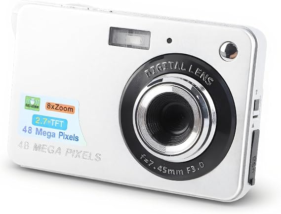 4K Digital Camera for Teens, Portable Pocket Compact Camera with 48MP HD 2.7 Inch TFT Screen 8X Zoom Autofocus Anti Shake, Digital Camera for Travel Photography Vlogging Silver