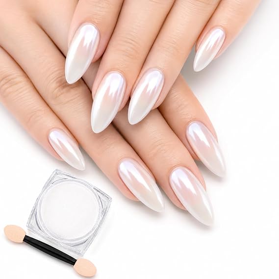 White Pearl Chrome Nail Powder for Gel Nails, Aurora Mirror Effect Nail Powder, Iridescent Pearly Pigment for DIY Nail Art, Mermaid Gloss Finish