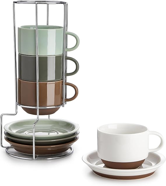 Sweese 8 Ounce Cappuccino Cups Set of 4, Porcelain Stackable Coffee Cups with Saucers and Metal Stand, Earthy Spectrum