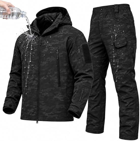 Men's Tactical Softshell Suit, Water Resistant Fleece Jacket & Trousers Set
