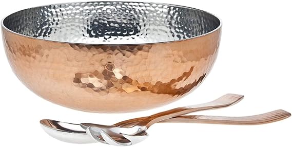3pc Copper Accented Hammered Salad Bowl with 2 Serving Utensils - Complete With Matching Oversized Spoon and Fork - Use as a Salad Bowl, Fruit Bowl or Even For Pasta - Elegant and Stylish Serving Bowl