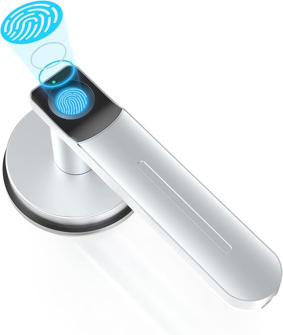 Foxgard Smart Fingerprint Door Lock with Handle - Biometric Room Lock for Bedroom/Office (Silver)