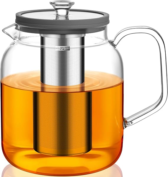 Aquach Glass Teapot with Infusers for Loose Tea, 68 Oz Glass Tea Kettle Dishwasher and Stovetop Safe, Plastic-Free Borosilicate Glass Tea Pot and Stainless Steel Tea Infuser