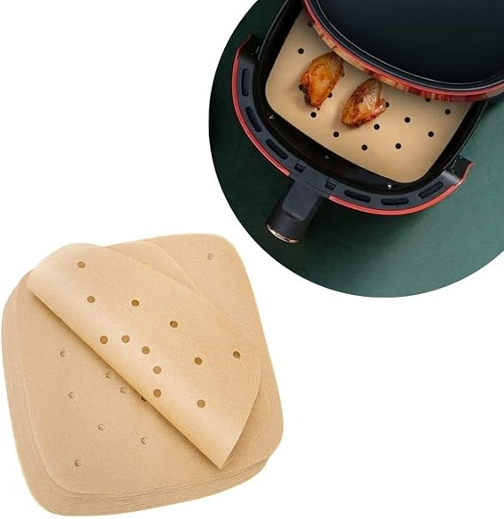 Orret Home 100 Pieces Air Fryer Baking Paper Disposable Air Fryer Oil Proof Nonstick Food Baking Paper Perforated Square Model