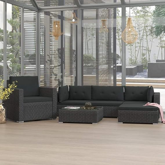 Garden Sofas Set Pallet Furnitures Set Patio Corner Sofa with Backrest 6 Piece Garden Lounge Set with Cushions Poly Rattan Black