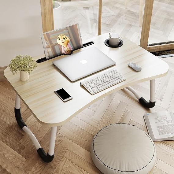 Laptop Bed Table Lap Standing Desk, Sofa Breakfast Bed Tray Folding Laptop Lap Desk Cup Holder Notebook Stand Legs 60 * 40 * 26cm (White)