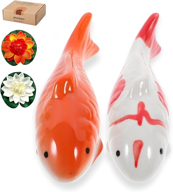 Ceramic Floating Koi Fishchina Glaze CraftsmanshipPond Decor Ceramic Floating Fake Fish Goldfish Koi Decor for Floating Pond Fountain Birdbath Fake Aquarium Decor ( 2PCS Fish & 2PCS Lotus Flower)