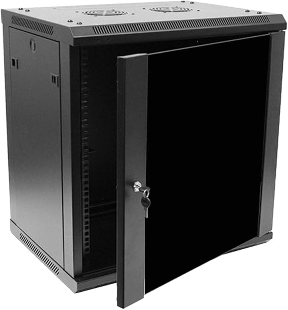 NavePoint 12U Server Rack Enclosure - 17.7 Deep, Wall Mount Network Cabinet with Locking Glass Door for 19 IT Equipment, Network Rack with 2 Fans, Removable Side Panels, Black