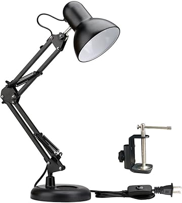 PowerKing Metal Swing Arm Desk Lamps, Adjustable and Flexible, Feading with Base and Clip 2-in-1 Function, Fit E26&E27 Bulbs Base, Application in Bedroom Living Room, Office Home Black