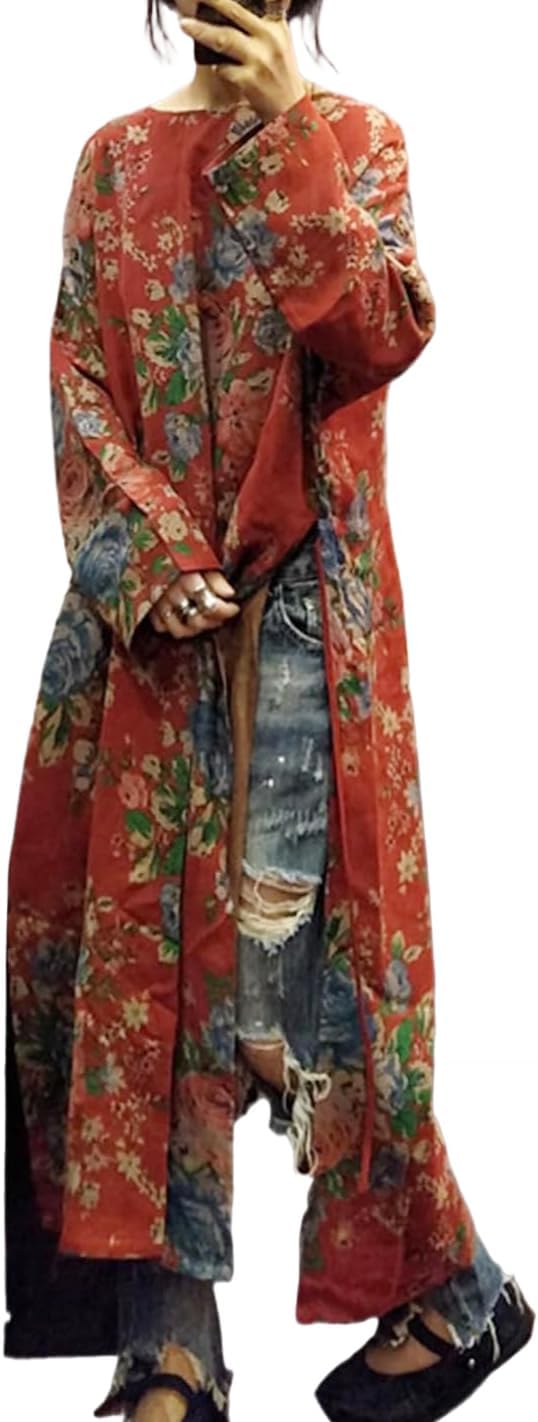 LUZU JUNU Women's Printed Dress Cotton Long Sleeve Side High Split Drawstring Loose Robe Dress